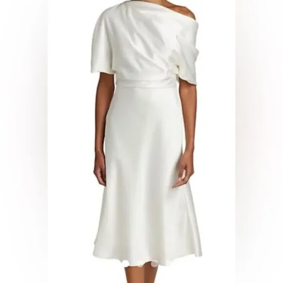 Amsale Draped Lustrous Satin One-Shoulder Midi-Dress In Color Ivory Size 6